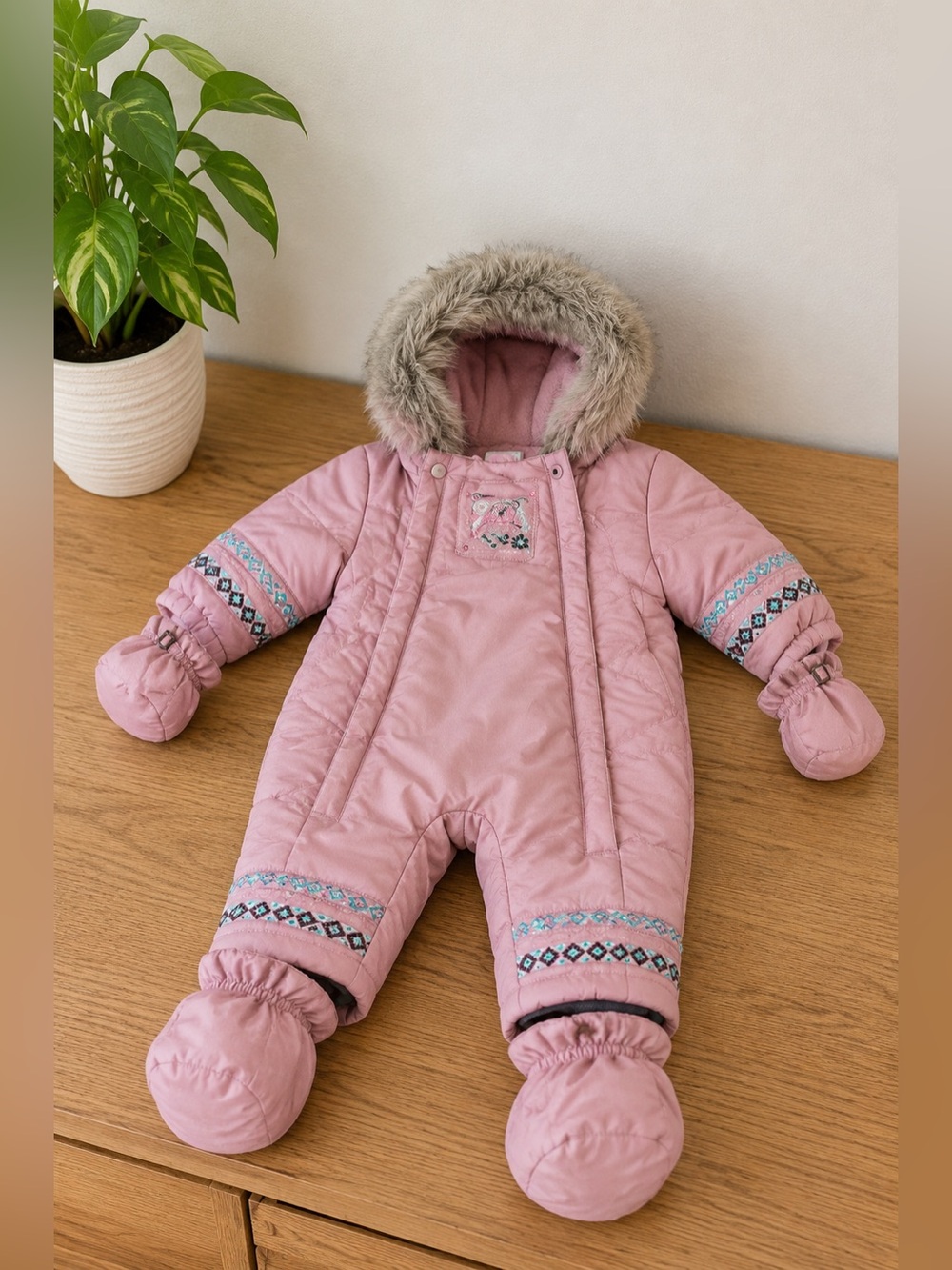 Nano Baby One-Piece Snowsuit Pink Fleece Lined Faux‎ Fur Hood 6M Mitts Booties